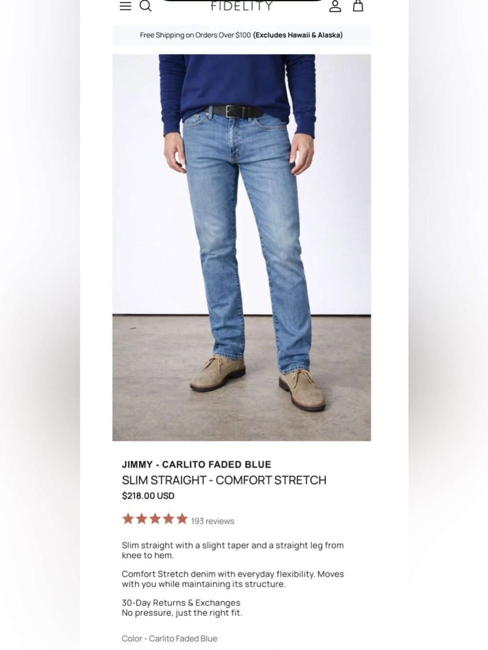Men’s Fidelity Denim Slim Straight Jeans in Faded Blue (Size 31)